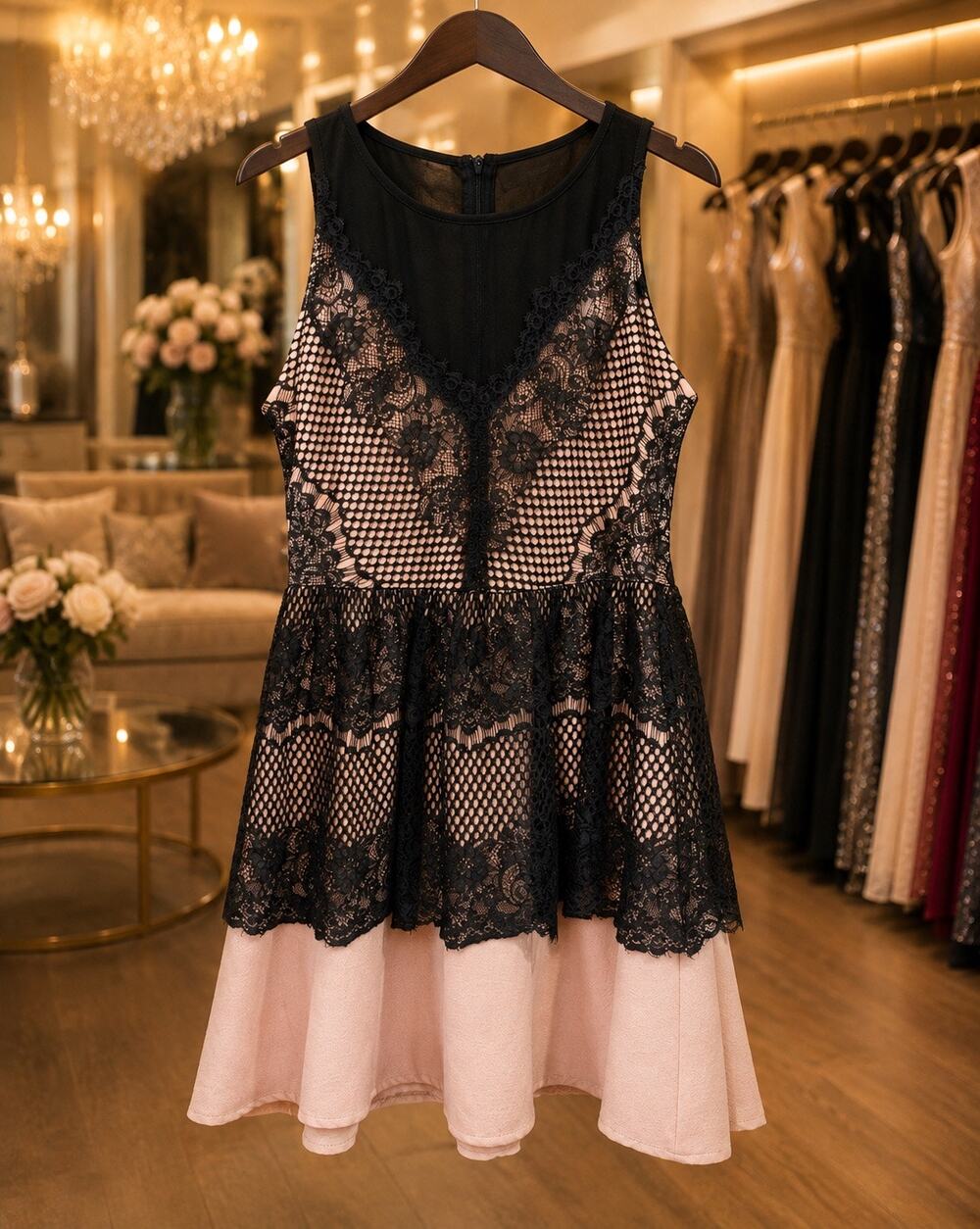 Adelyn Rae Black Nude Romantic Sheer Layered Lace Cocktail Dress Large Wednesday